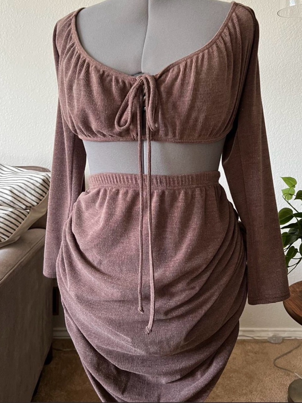 PrettyLittleThing Brown Ribbed Two-Piece Set